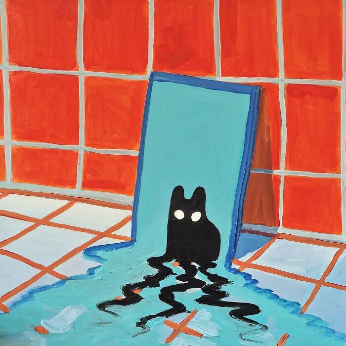 Surreal cat world artwork with a black cat and melting floor in a vibrant room with red and white tiles.