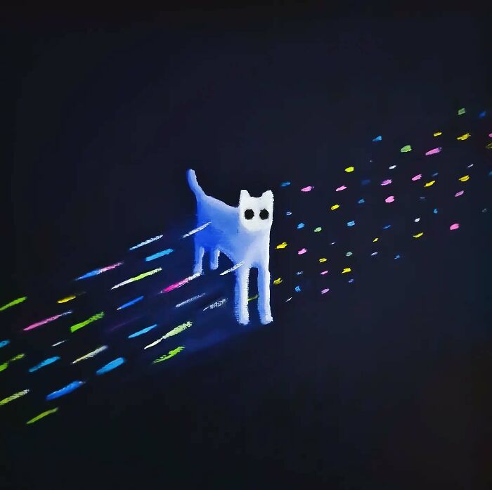 Surreal cat world art featuring a glowing white cat with black eyes and colorful streaks in a dark dreamscape.
