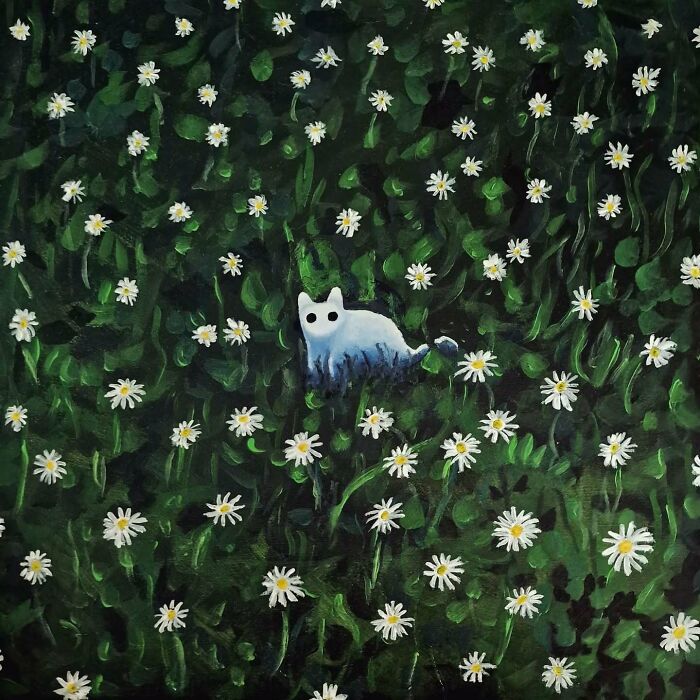 Surreal cat with black eyes in a dreamlike field of white daisies, creating a surreal cat world atmosphere.