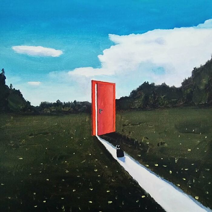 Surreal cat world with a small black cat walking towards a bright red door in a dreamlike outdoor landscape.