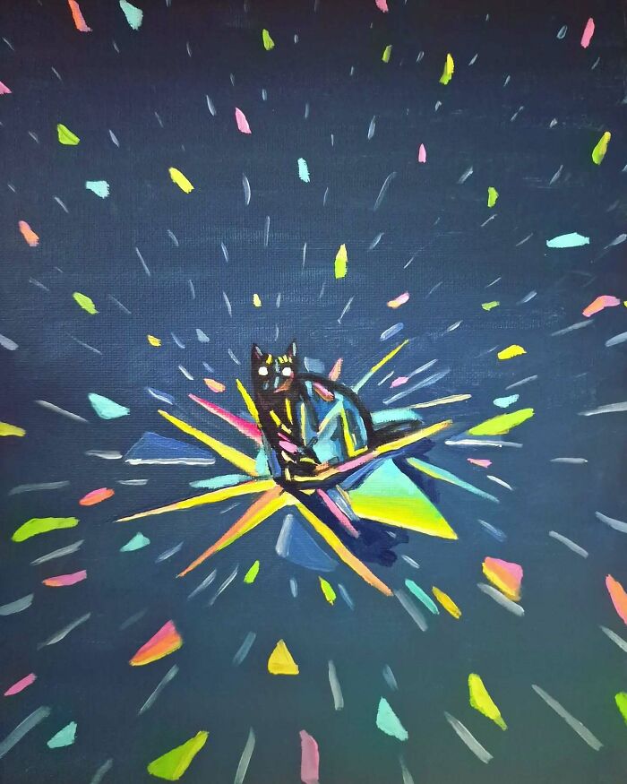 Surreal cat world painting with bright colorful shards on dark background, evoking dreamscape and fantasy vibes.