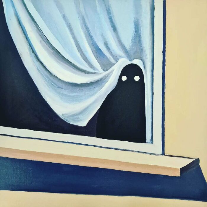 Surreal cat world painting with a black cat-like figure and glowing eyes behind flowing window curtains.