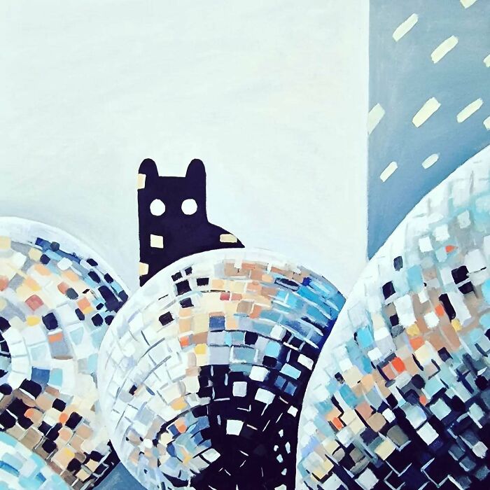 Surreal cat world artwork featuring abstract cat figure behind mosaic spheres in a dreamscape with soft pastel tones.