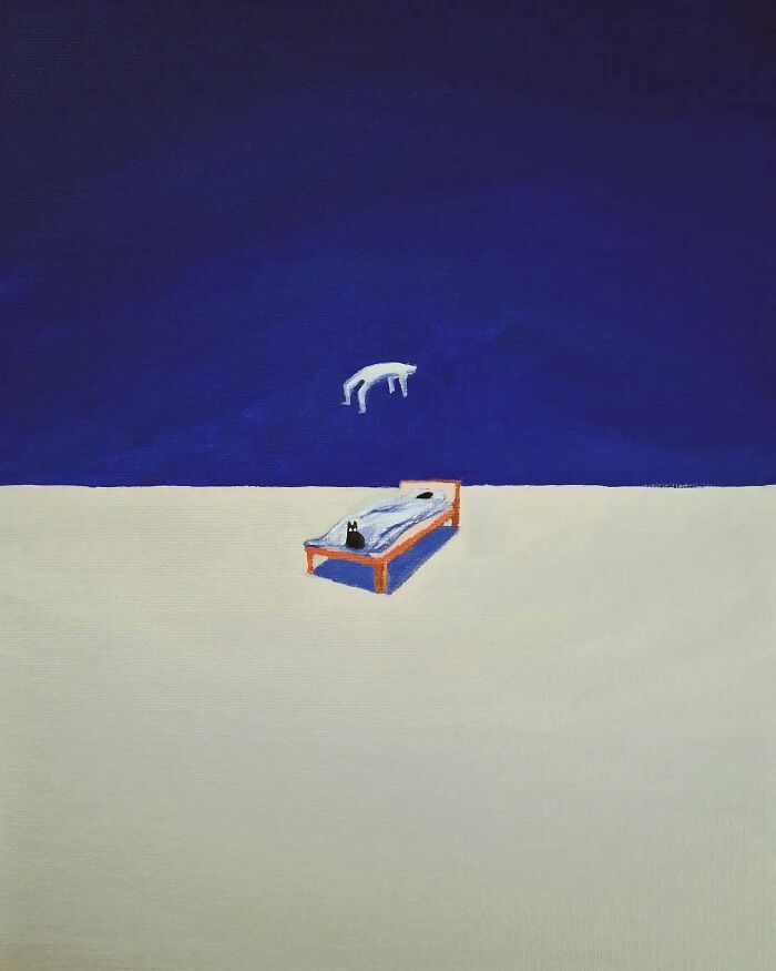 Surreal cat world artwork shows a black cat on a bed with a floating white cat against a deep blue dreamscape background.