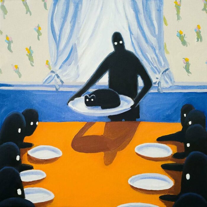 Surreal cat world painting with shadowy figures and a cat-shaped object on a plate at a dreamlike dining table.