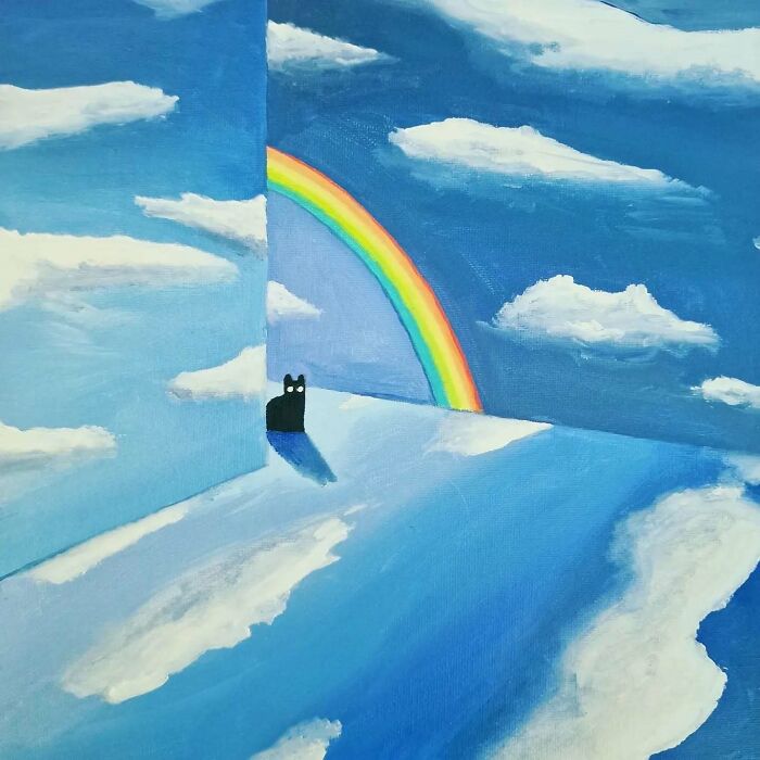Surreal cat world painting with a black cat, rainbow, and dreamscape clouds in a vibrant blue sky setting.