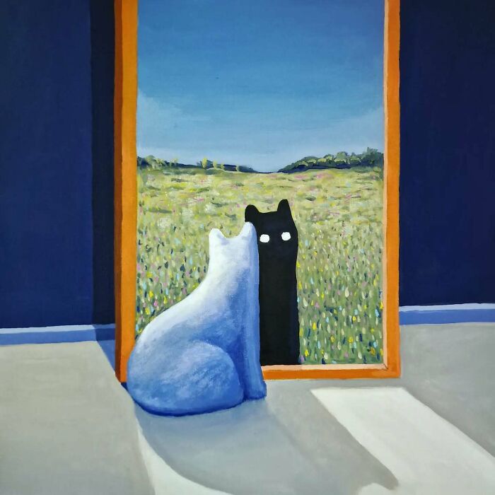 Surreal cat world artwork from Berlin artist shows a blue cat looking into a mirror reflecting a black cat with glowing eyes.