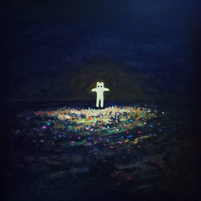 Glowing figure in surreal cat world surrounded by colorful dreamscape elements blending dark and vibrant tones.