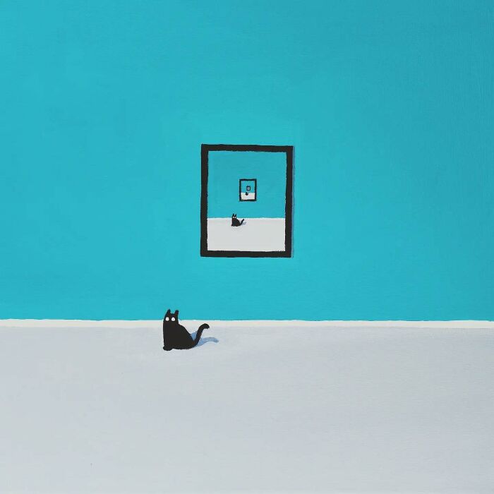 Surreal cat world art from Berlin artist showing a black cat and a framed mirror creating dreamscape illusion.