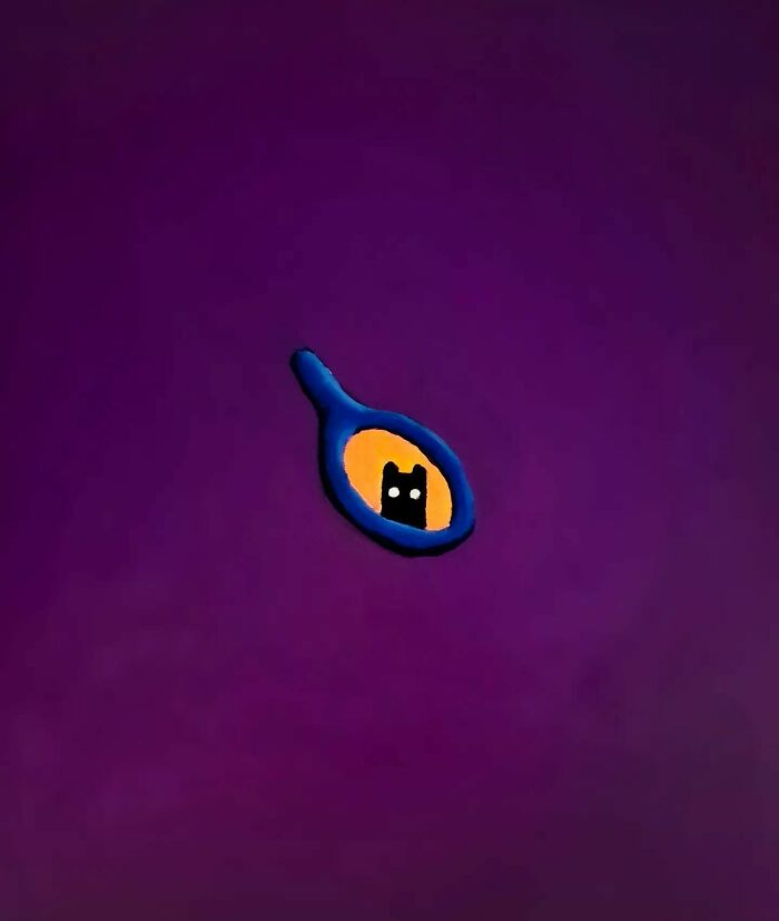 Surreal cat art featuring a black silhouette cat inside a blue and orange dreamlike world on a purple background.