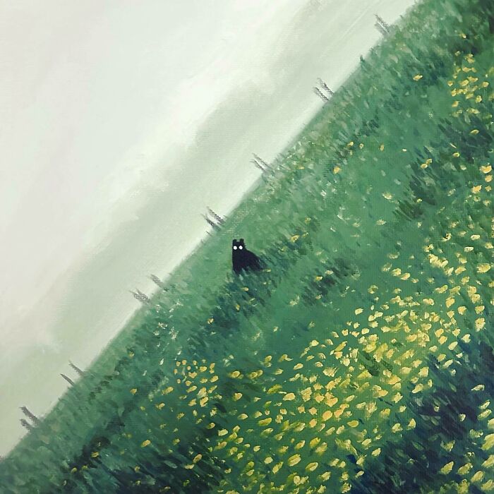 Surreal cat with glowing eyes sitting in a dreamscape of green fields and yellow flowers, evoking a surreal cat world.