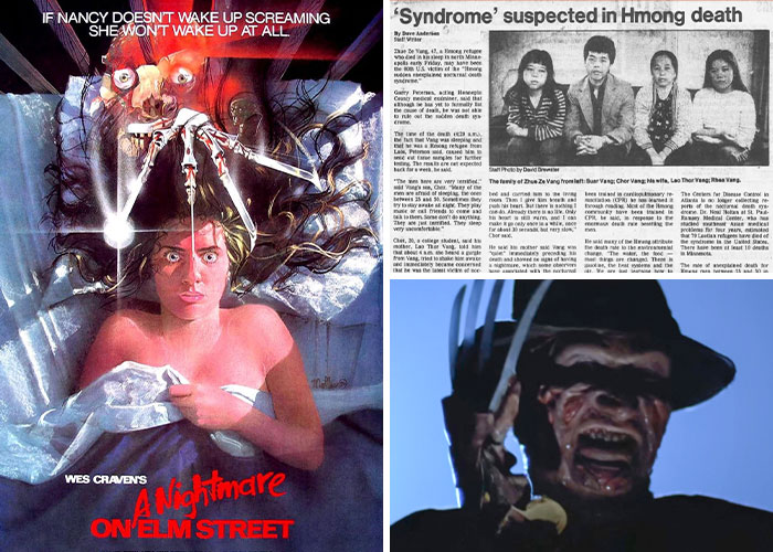 Poster of A Nightmare on Elm Street with Freddy Krueger, a news clipping about Hmong death syndrome, and a close-up of Freddy Krueger’s glove for horror films inspired by real-life events.