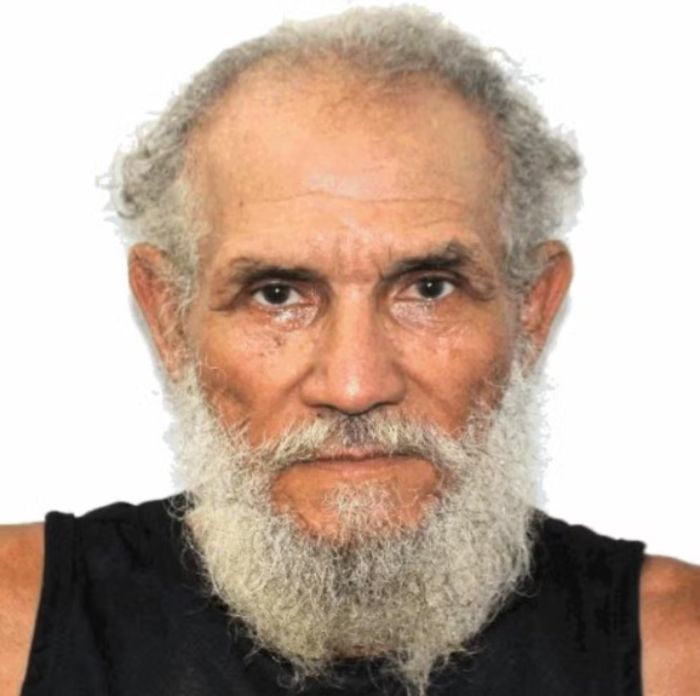 Close-up of an elderly man with a white beard and intense eyes, linked to the angel-faced serial criminal case.