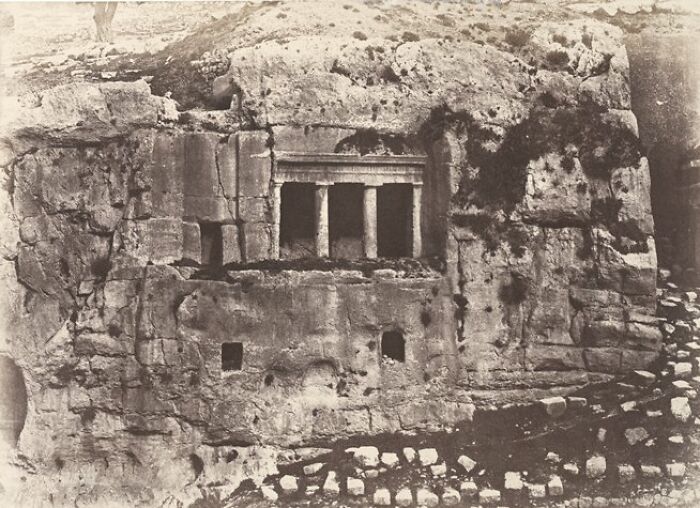 Ancient rock-cut structure captured in one of the early photography photos that survived from when photography was new.