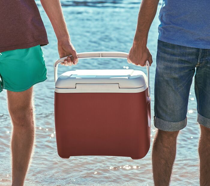 Two people holding a cooler together by the water, representing a woman giving her friend with benefits a cooler.
