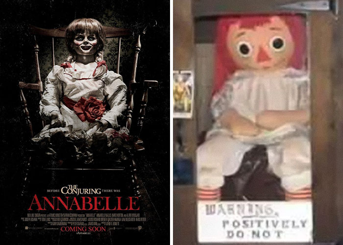 Annabelle doll from horror films inspired by terrifying and mysterious real-life events shown in a split image.