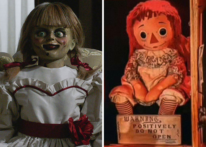 Two Halloween costumes inspired by viral moments featuring creepy dolls Annabelle and Raggedy Ann.