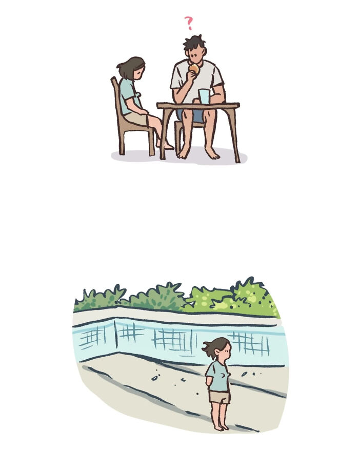 Malaysian artist's relatable drawing of life with her tall, geeky husband in casual, cozy reading moments together.