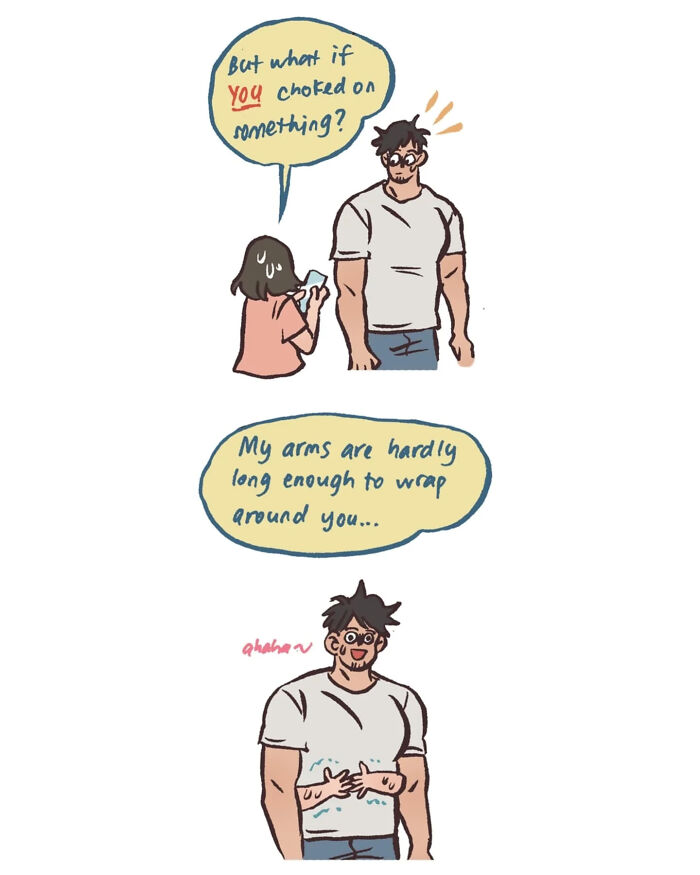 Malaysian artist cartoon showing life with her tall, geeky husband during a Heimlich maneuver while eating.