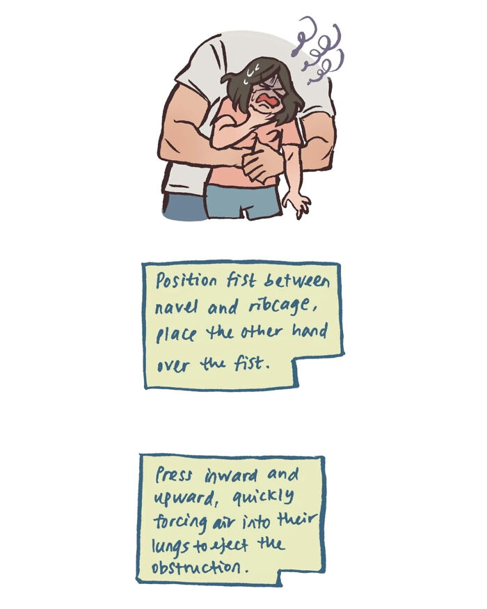 Malaysian artist cartoon showing life with her tall, geeky husband during a Heimlich maneuver while eating.