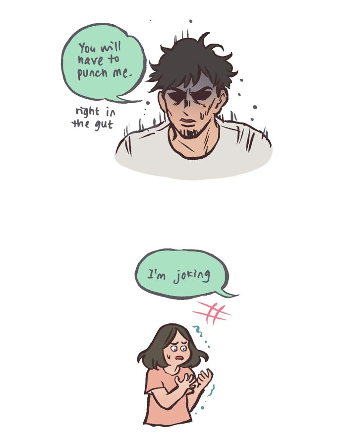 Malaysian artist cartoon showing life with her tall, geeky husband during a Heimlich maneuver while eating.