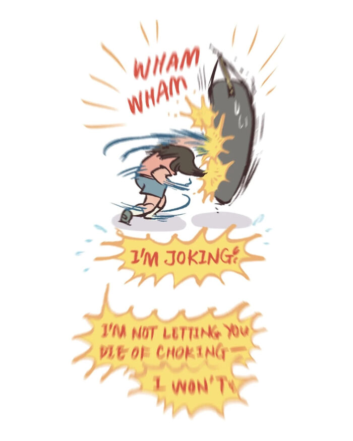 Malaysian artist cartoon showing life with her tall, geeky husband during a Heimlich maneuver while eating.