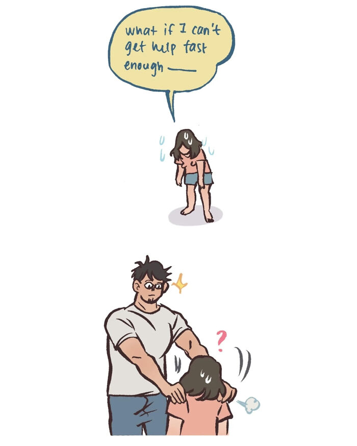 Malaysian artist cartoon showing life with her tall, geeky husband during a Heimlich maneuver while eating.