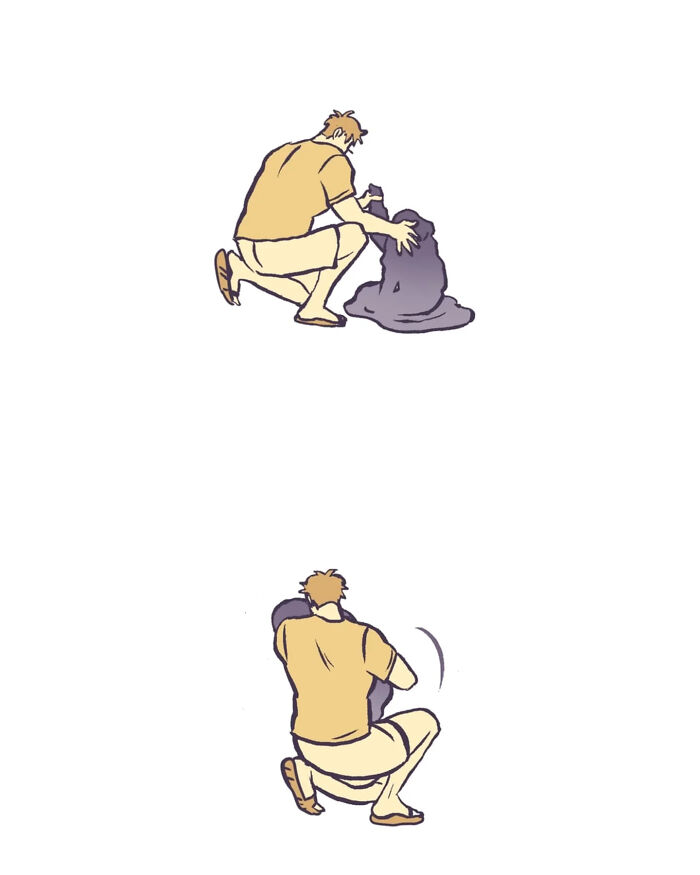 Illustration of a tall, geeky husband and wife holding hands and walking together, capturing relatable moments.