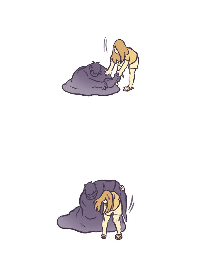 Illustration of a tall, geeky husband and wife holding hands and walking together, capturing relatable moments.