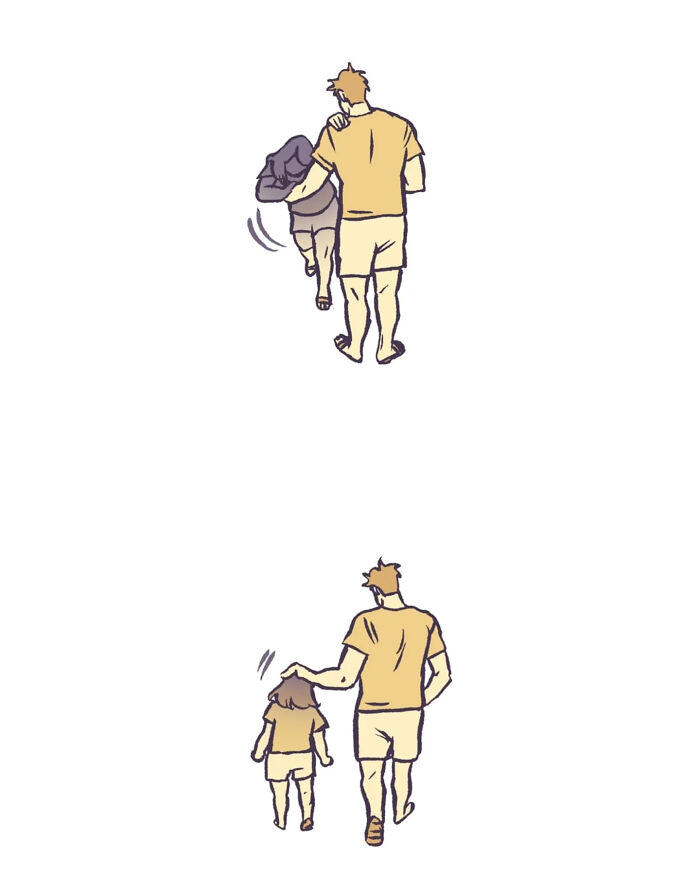 Illustration of a tall, geeky husband and wife holding hands and walking together, capturing relatable moments.