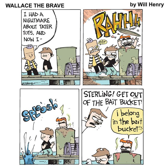 Comic panels from Wallace the Brave by Will Henry showing whimsical characters in a humorous Snug Harbor tale with playful dialogue.