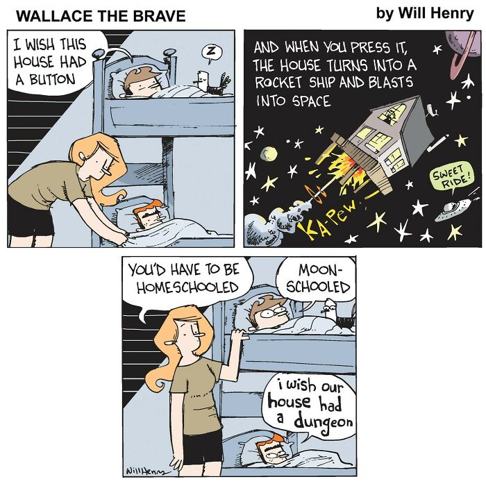 Comic strip by Will Henry showing whimsical space dreams and cozy bedtime scenes in a Snug Harbor tale.
