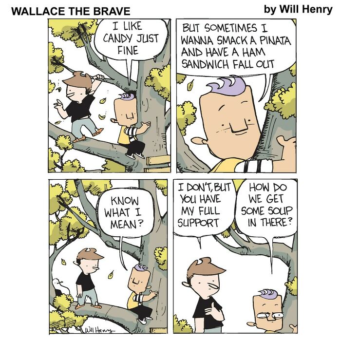 Comic strip panels by Will Henry showing whimsical characters in a tree, part of a new snug harbor comic universe.