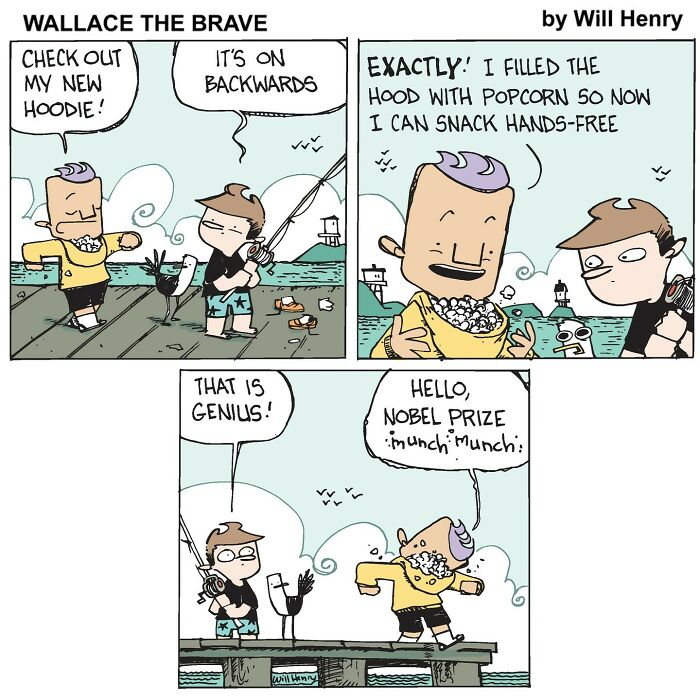 Comic strip by Will Henry showing characters enjoying whimsical Snug Harbor tales with popcorn and fishing on a dock.