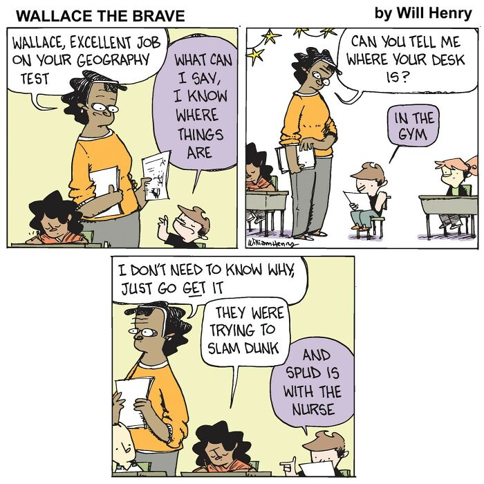 Comic panel from Wallace the Brave by Will Henry showing a teacher and students in a classroom in a whimsical comic universe.