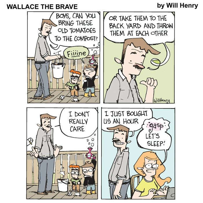 Wallace the Brave comic strip by Will Henry showing whimsical, comforting Snug Harbor tales with playful family moments.