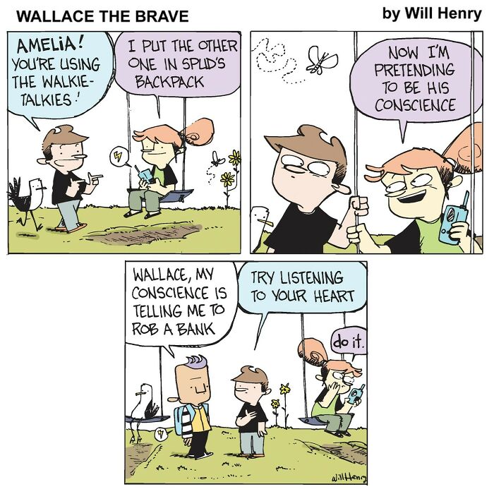Comic panel from Wallace the Brave by Will Henry, depicting whimsical Snug Harbor tales with characters using walkie-talkies outdoors.