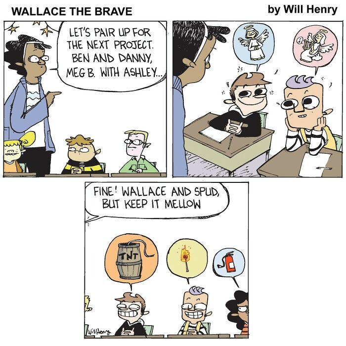 Comic panel from Wallace the Brave by Will Henry showing students pairing up for a project in a whimsical comic universe.
