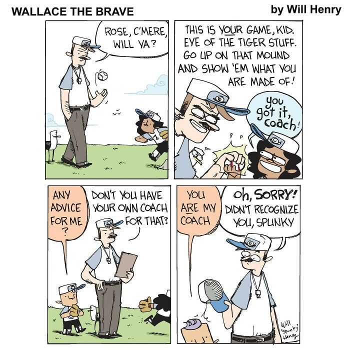 Comic strip from whimsical artist Will Henry featuring a comforting Snug Harbor tale with baseball and coaching themes.