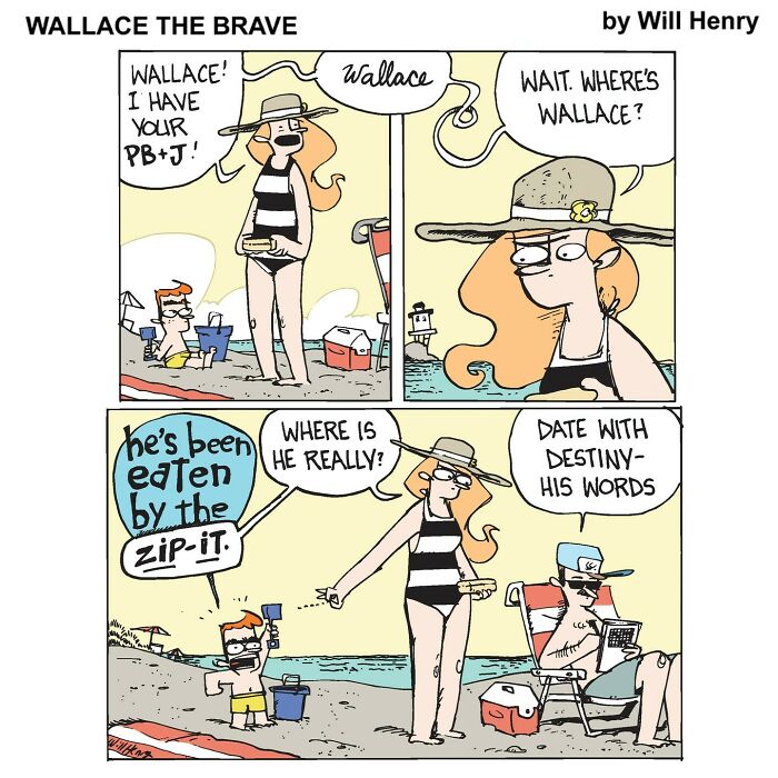 Comic strip from Wallace the Brave by Will Henry featuring whimsical characters in a beach setting, expanding a whimsical comic universe.