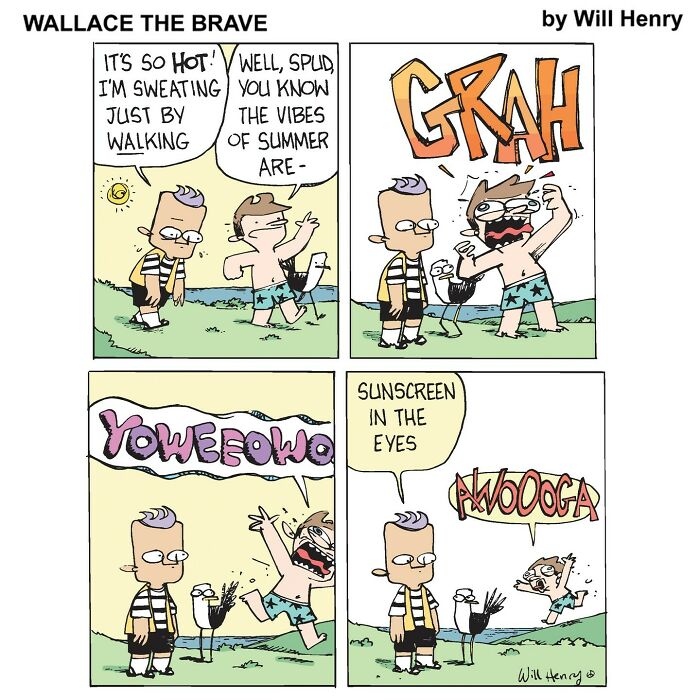 Comic strip from Wallace the Brave by Will Henry, showcasing whimsical characters in humorous summer scenes.
