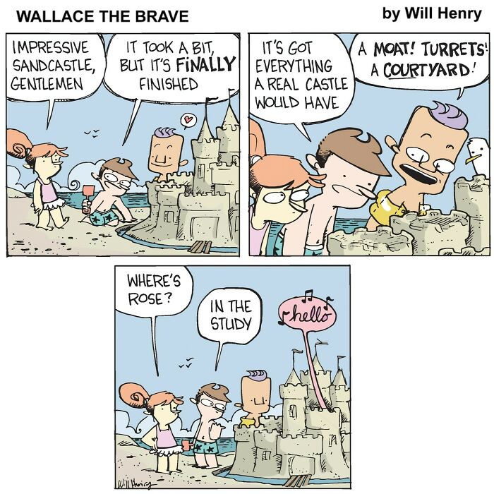 Comic strip from Wallace the Brave by Will Henry, featuring whimsical sandcastle scenes in a comforting comic universe.
