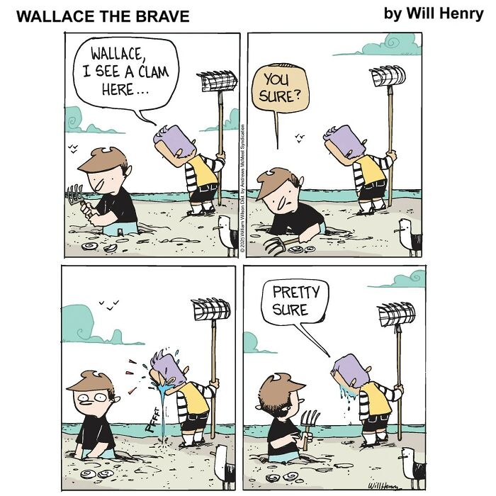 Four-panel whimsical comic strip by Will Henry showing two characters at the beach in the Snug Harbor comic universe.