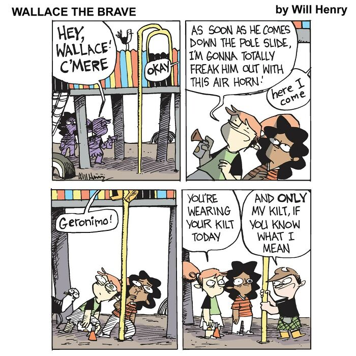 Comic panel from Wallace the Brave by Will Henry showing kids playing at a playground in a whimsical comic universe.