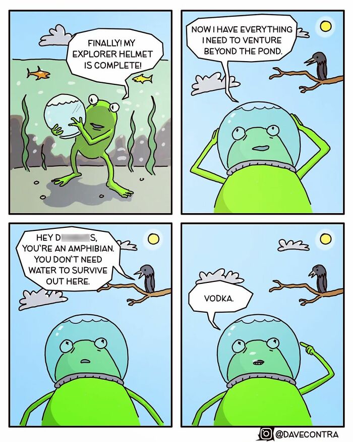 Comic strip of a frog wearing an explorer helmet underwater, humorously featured in dark and twisted comics by Dave Contra.