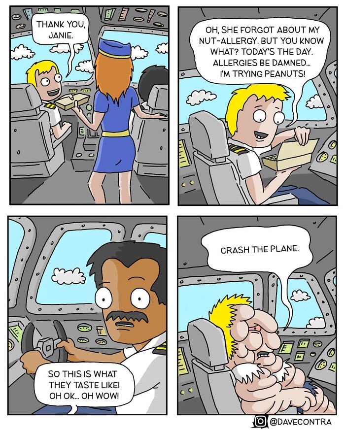 Comic panels depicting a dark and twisted scene inside a cockpit with pilots reacting to peanuts, illustrating dark comics by Dave Contra.