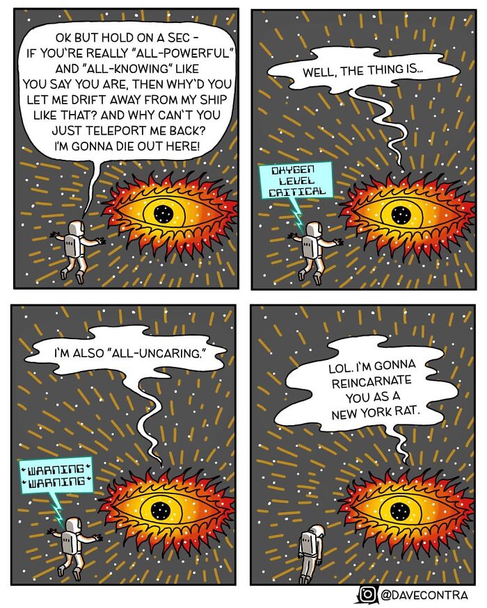 Astronaut talks to a fiery eye in space, showcasing dark and twisted comics by Dave Contra about uncaring, powerful forces.