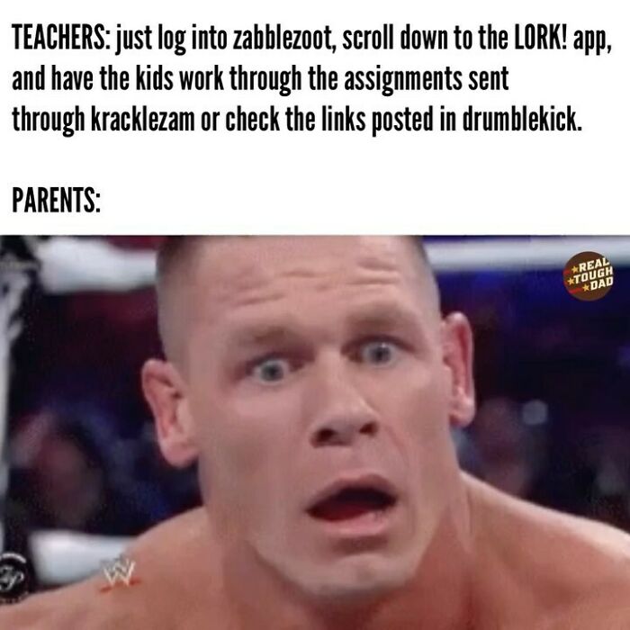 Confused dad meme illustrating relatable parenting struggles with complicated teacher instructions and online assignments.