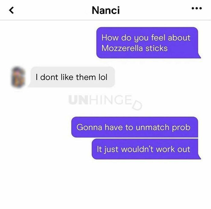 Text conversation on a dating app where one user unmatches over a dislike for mozzarella sticks, showing unhinged dating app moments.