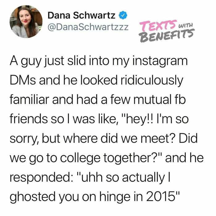 Tweet about dating with a hilarious ghosting story illustrating perfectly unhinged dating moments on social media.